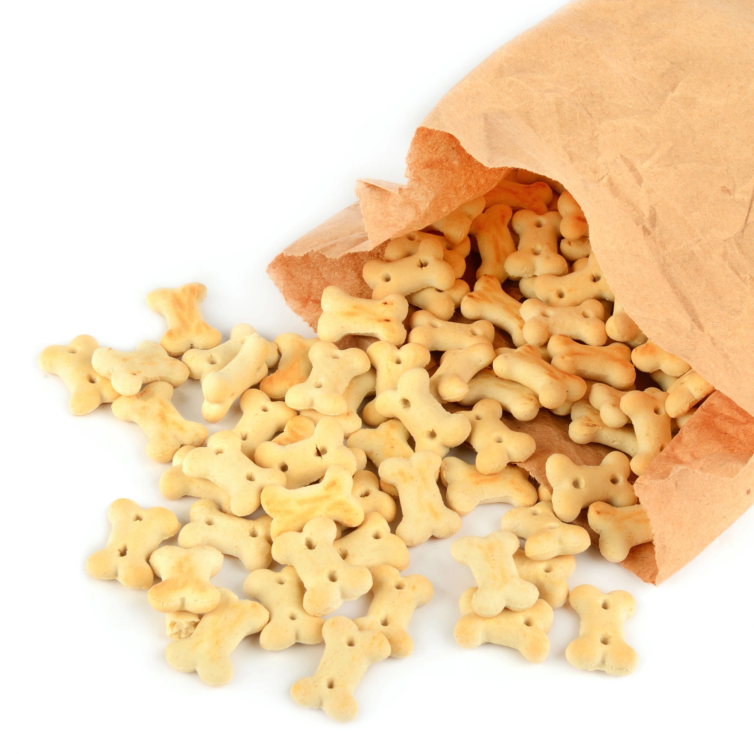 Dog treats spilling from a paper bag